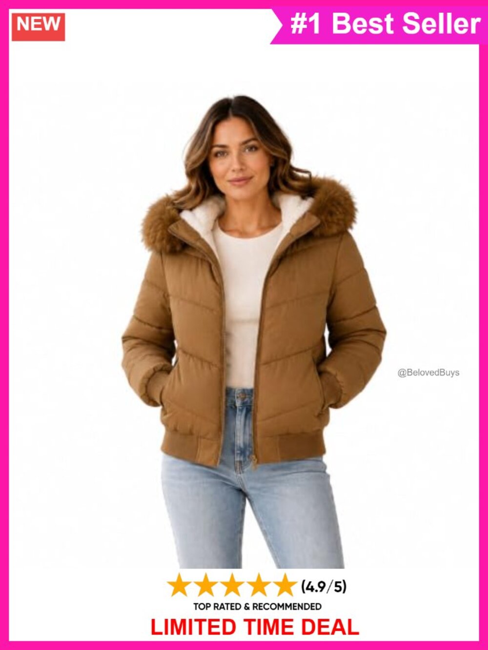 Women's Hooded Puffer Bomber Jacket Sherpa Lined Faux Fur Trim